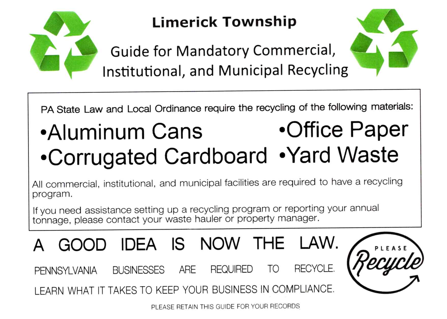 Recycling Postcard - Sent to Commercial Entities in Limerick Twp