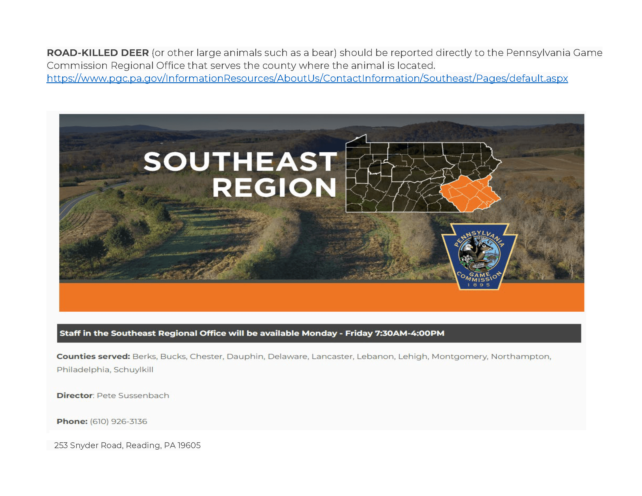 PA Game Commission Info for Road-Killed Deer